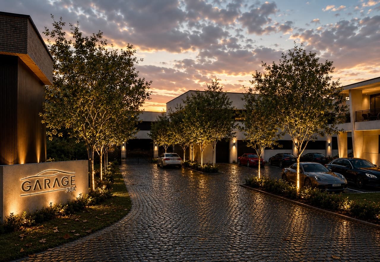 Garage 30A monument sign and cobblestone entrance lined with illuminated trees at dusk