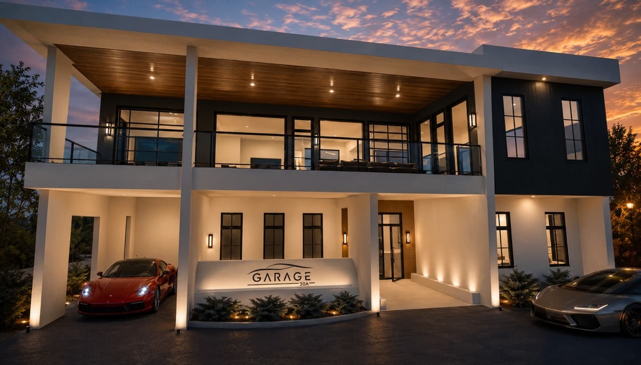 Luxury garage with car lift, golf simulator, and mezzanine lounge bar