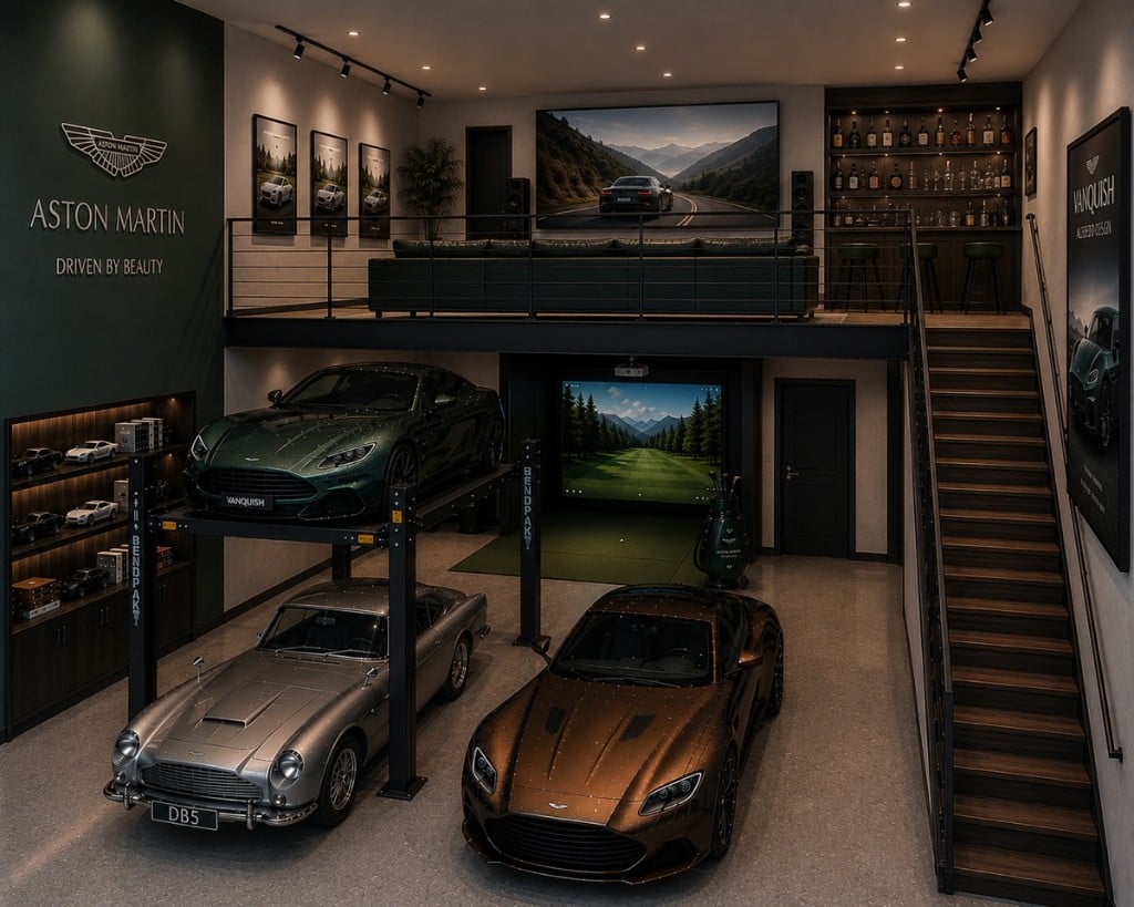 Custom Aston Martin garage with car lift, golf simulator, and private mezzanine bar