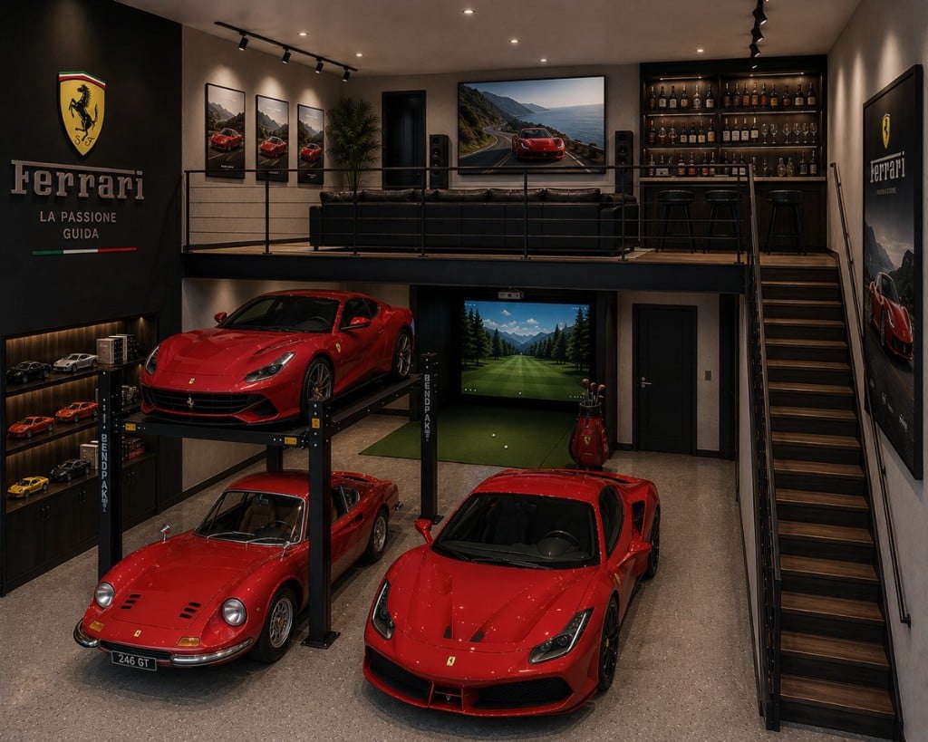 Custom Ferrari garage with car lift, golf simulator, and mezzanine bar lounge