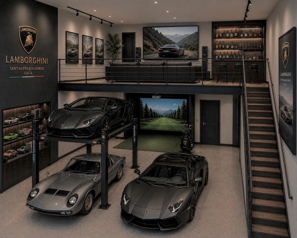 Custom Lamborghini garage with car lift, golf simulator, and mezzanine lounge