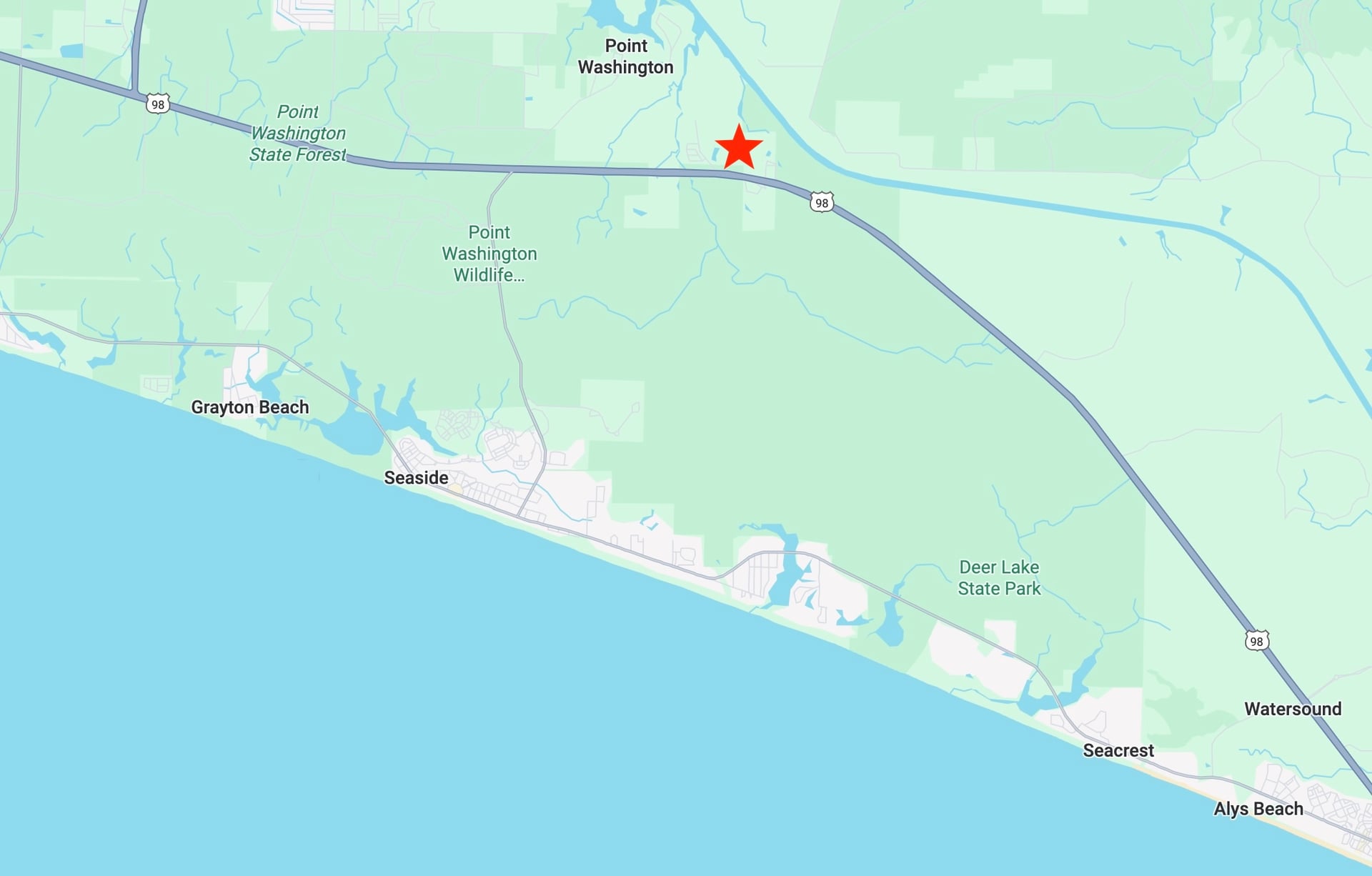Map showing Garage 30A location at 5283 Hwy 98 E in Santa Rosa Beach, Florida