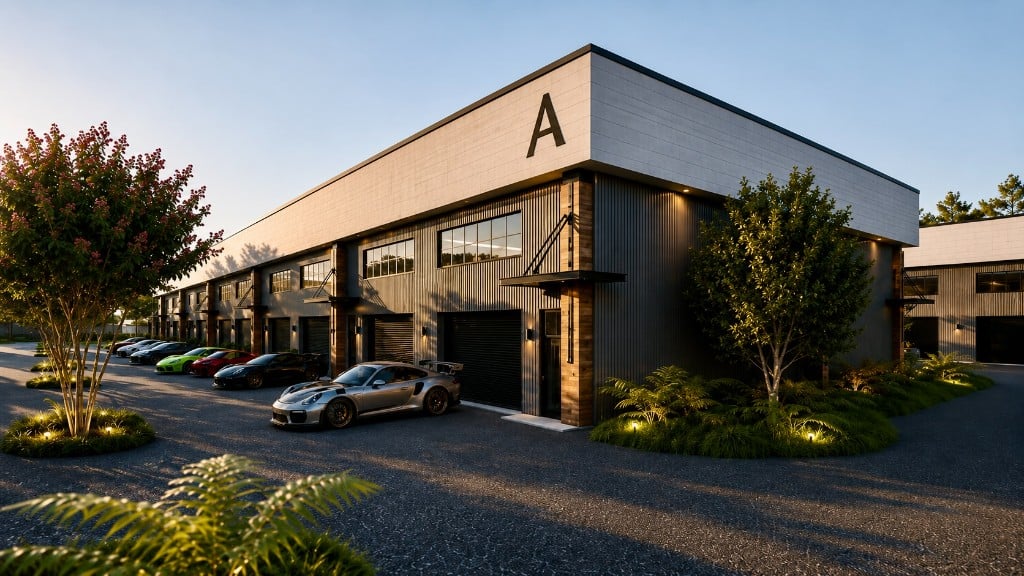 Building A at Garage 30A with luxury sports cars parked outside