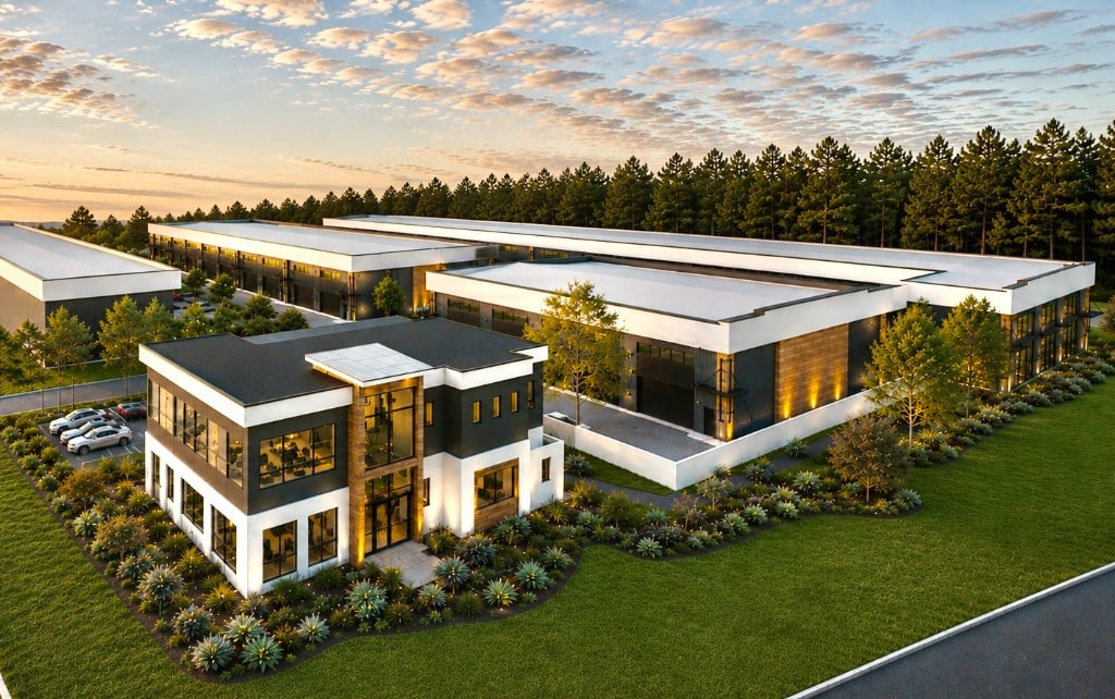High-angle view of the Garage 30A development with clubhouse, units, and landscaped grounds at golden hour