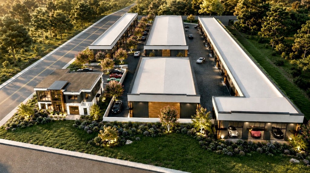 Aerial view of the Garage 30A luxury car condo complex surrounded by trees