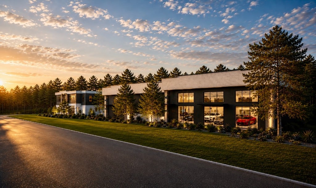 Street-level sunset view of the Garage 30A development and showroom windows