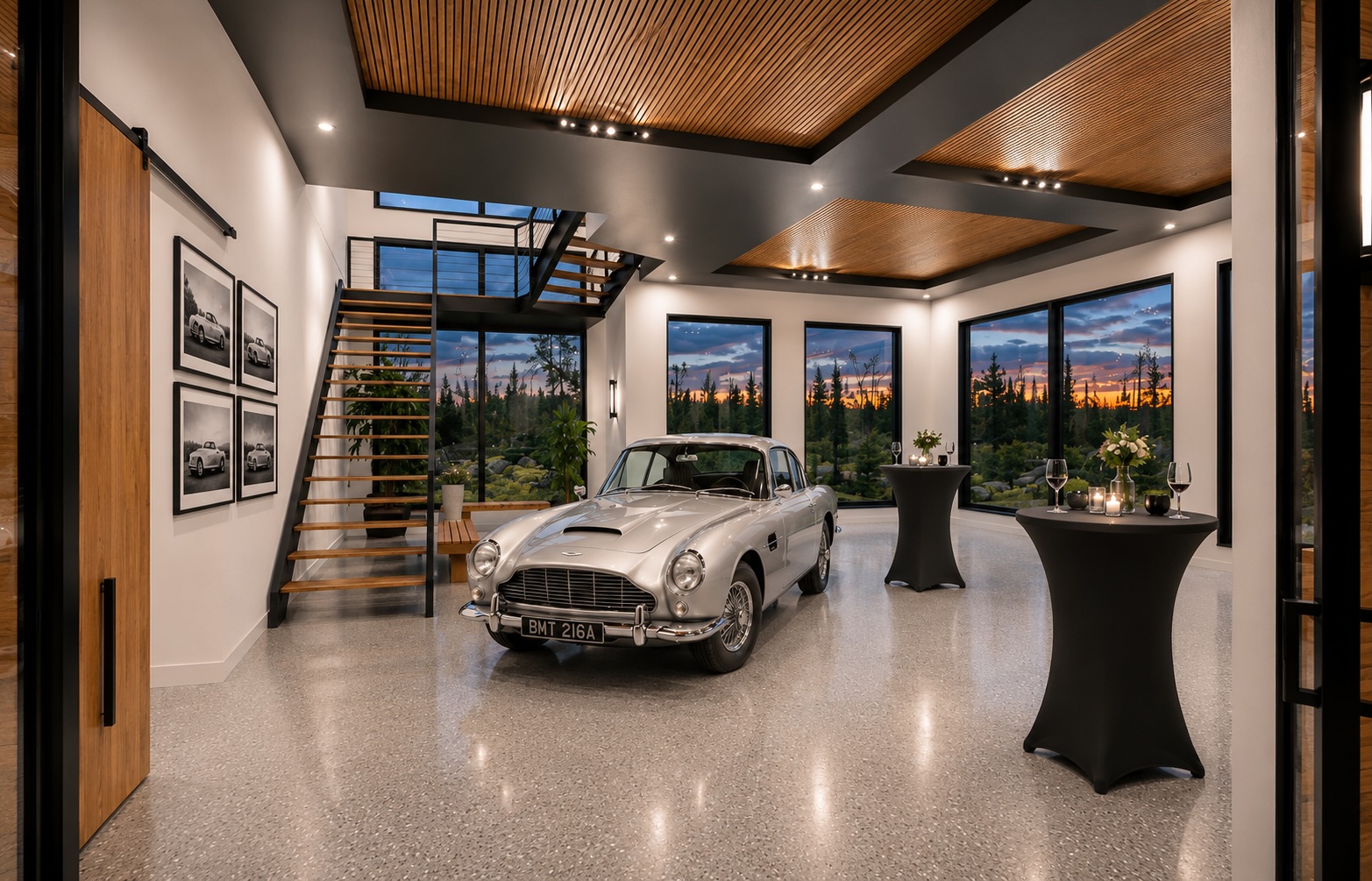 Members clubhouse event space with classic Aston Martin and cocktail reception setup