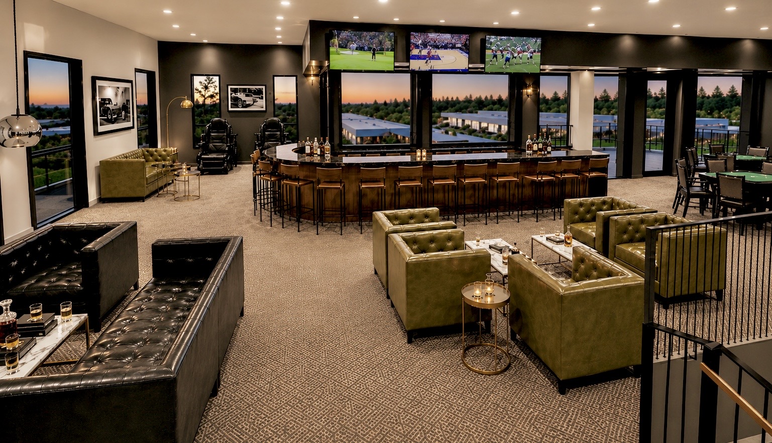 Private clubhouse lounge with premium seating and forest views at sunset