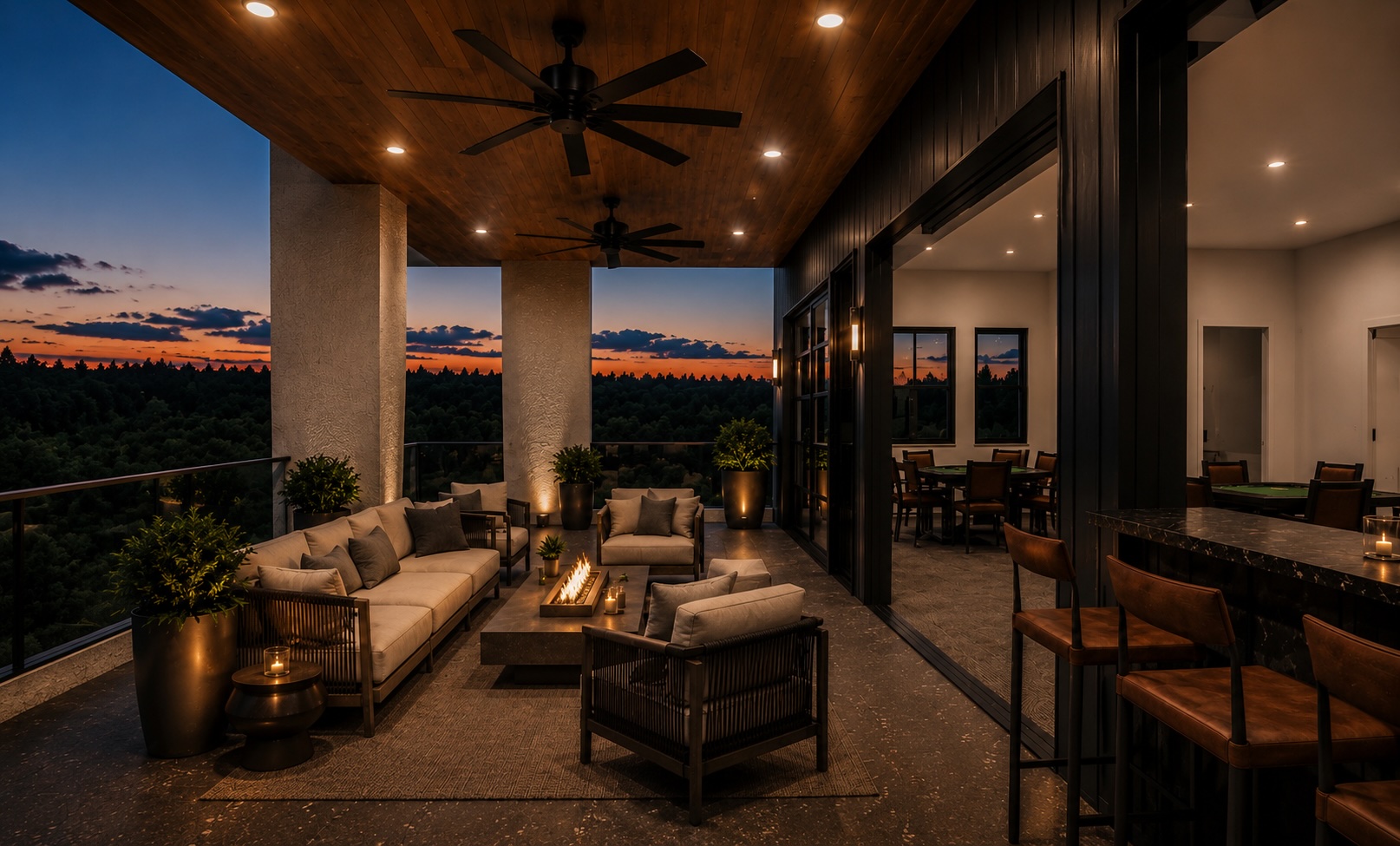 Clubhouse social space with upscale finishes and ambient lighting
