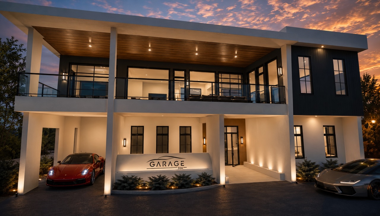 Luxury garage with car lift, golf simulator, and mezzanine lounge bar