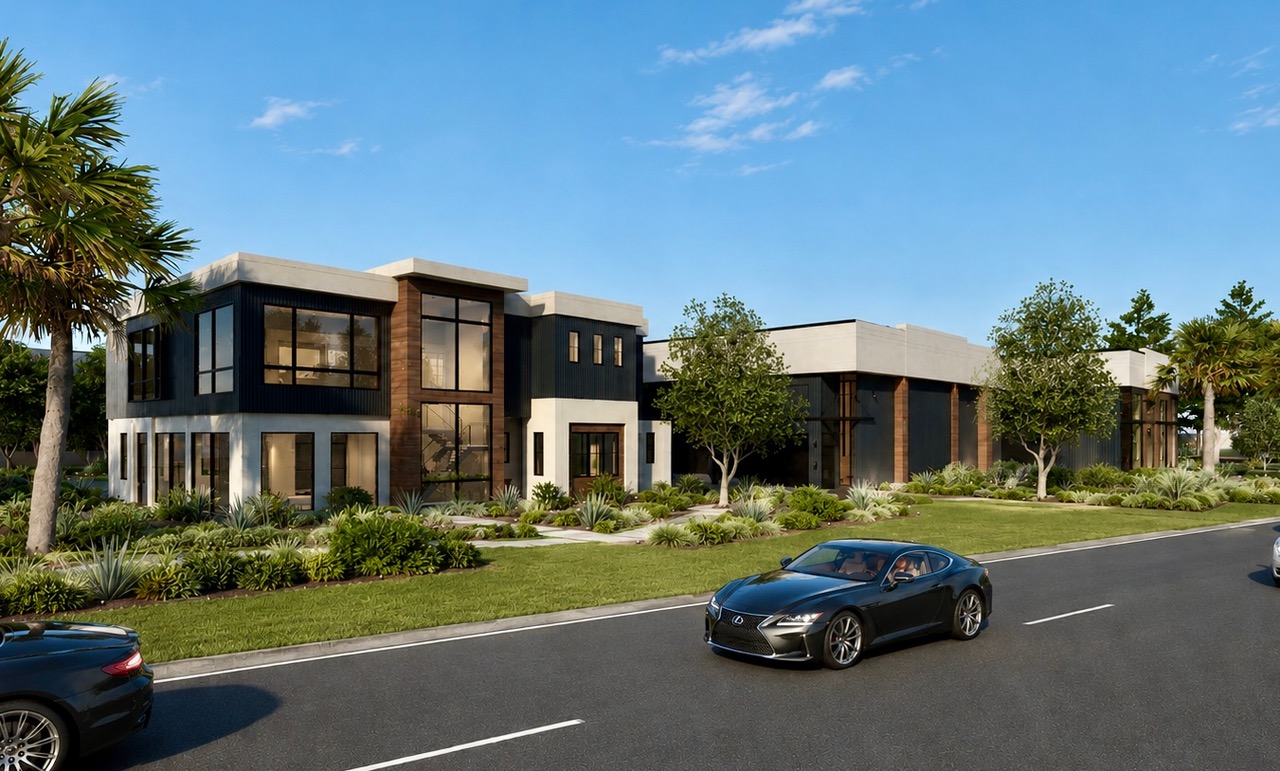 Garage 30A development with open garage bays showcasing sports cars