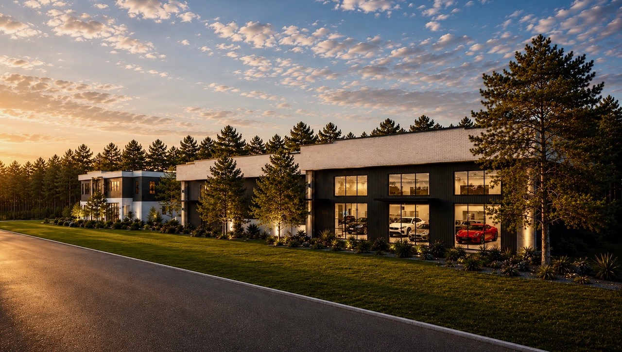 Garage 30A luxury storage units with manicured grounds and evening lighting